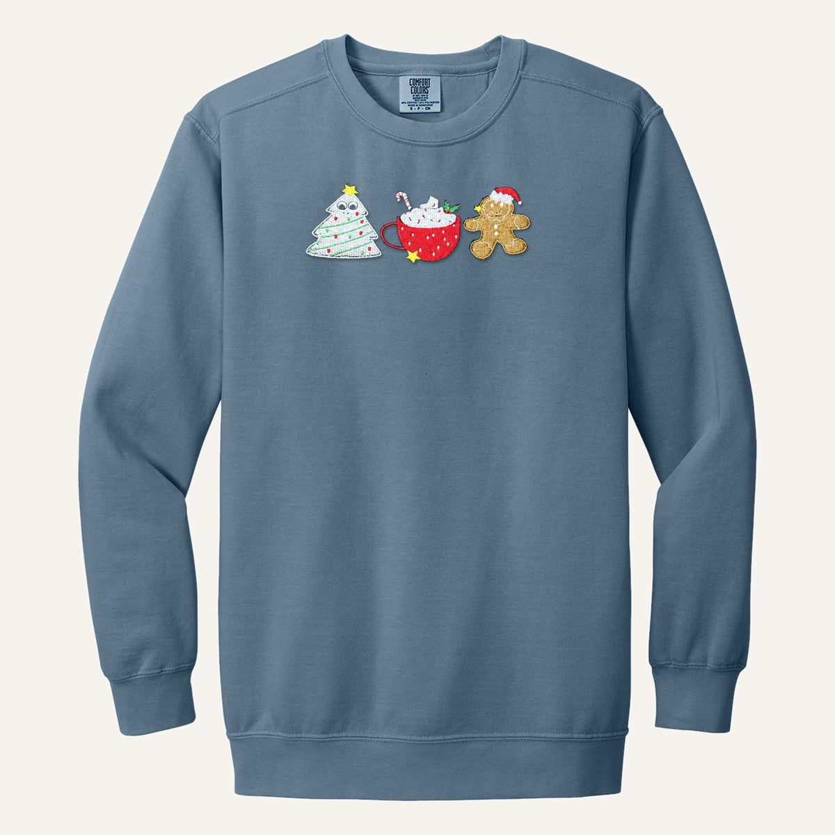Christmas Treats Embroidered Sweatshirt – Tree Cake, Cocoa & Gingerbread – Comfort Colors Crewneck in Blue Jean