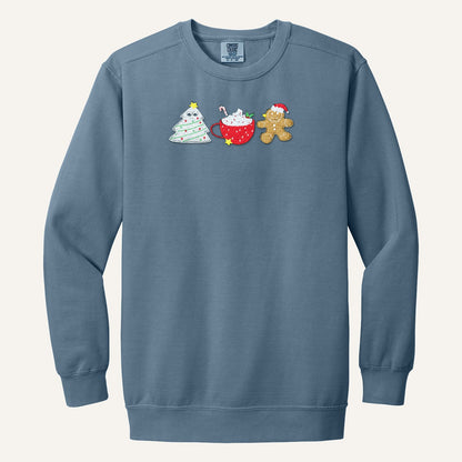 Christmas Treats Embroidered Sweatshirt – Tree Cake, Cocoa & Gingerbread – Comfort Colors Crewneck in Blue Jean