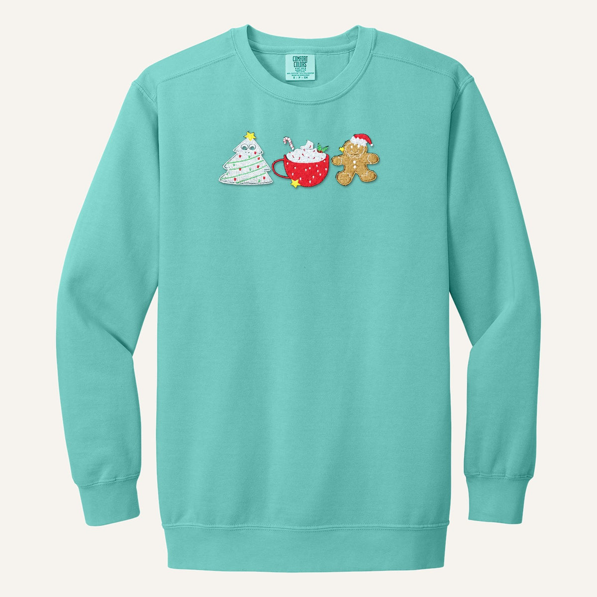 Christmas Treats Embroidered Sweatshirt – Tree Cake, Cocoa & Gingerbread – Comfort Colors Crewneck in Chalky Mint