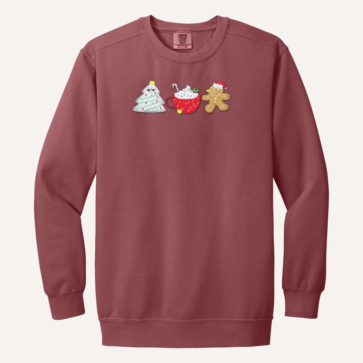 Christmas Treats Embroidered Sweatshirt – Tree Cake, Cocoa & Gingerbread – Comfort Colors Crewneck in Crimson