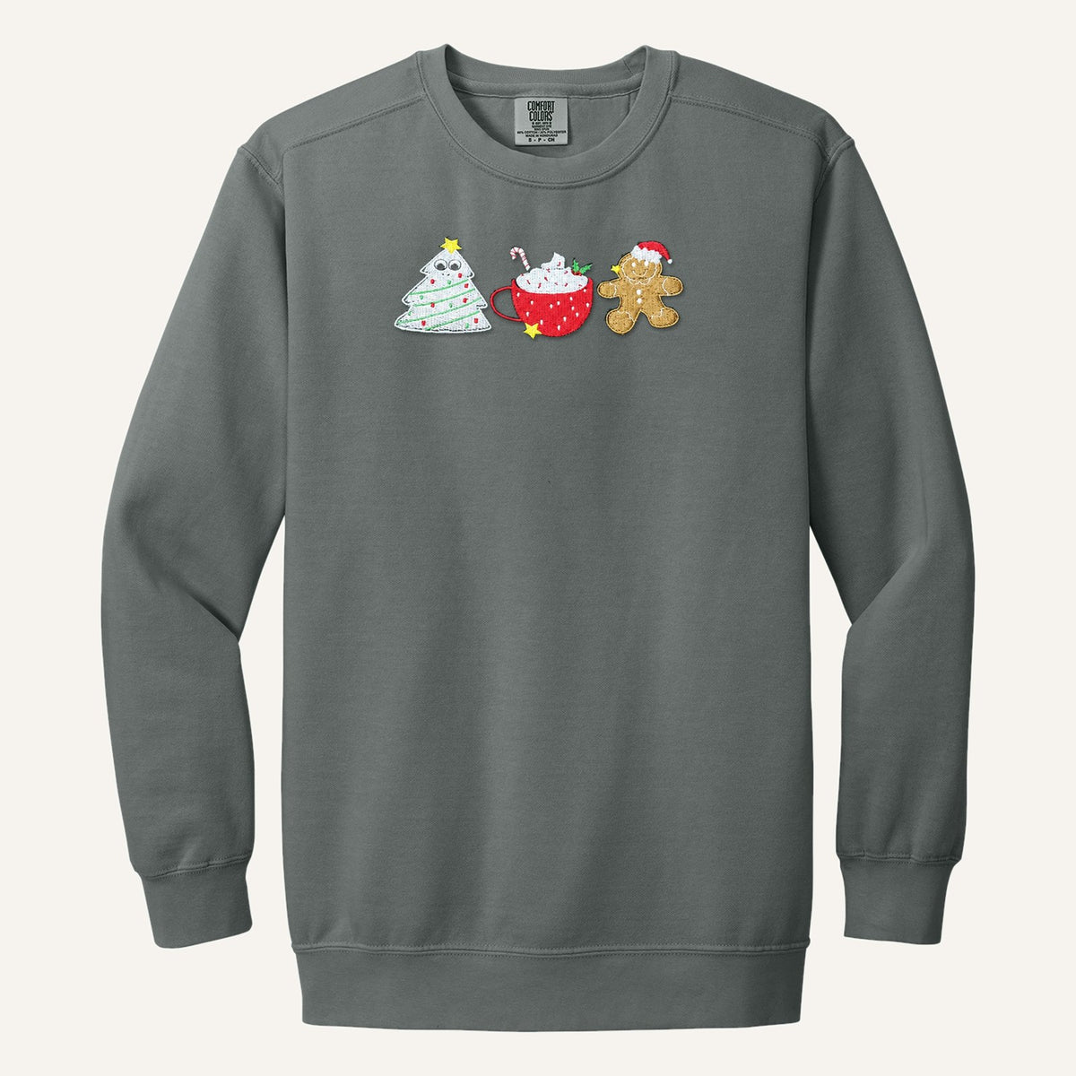 Christmas Treats Embroidered Sweatshirt – Tree Cake, Cocoa & Gingerbread – Comfort Colors Crewneck in Grey