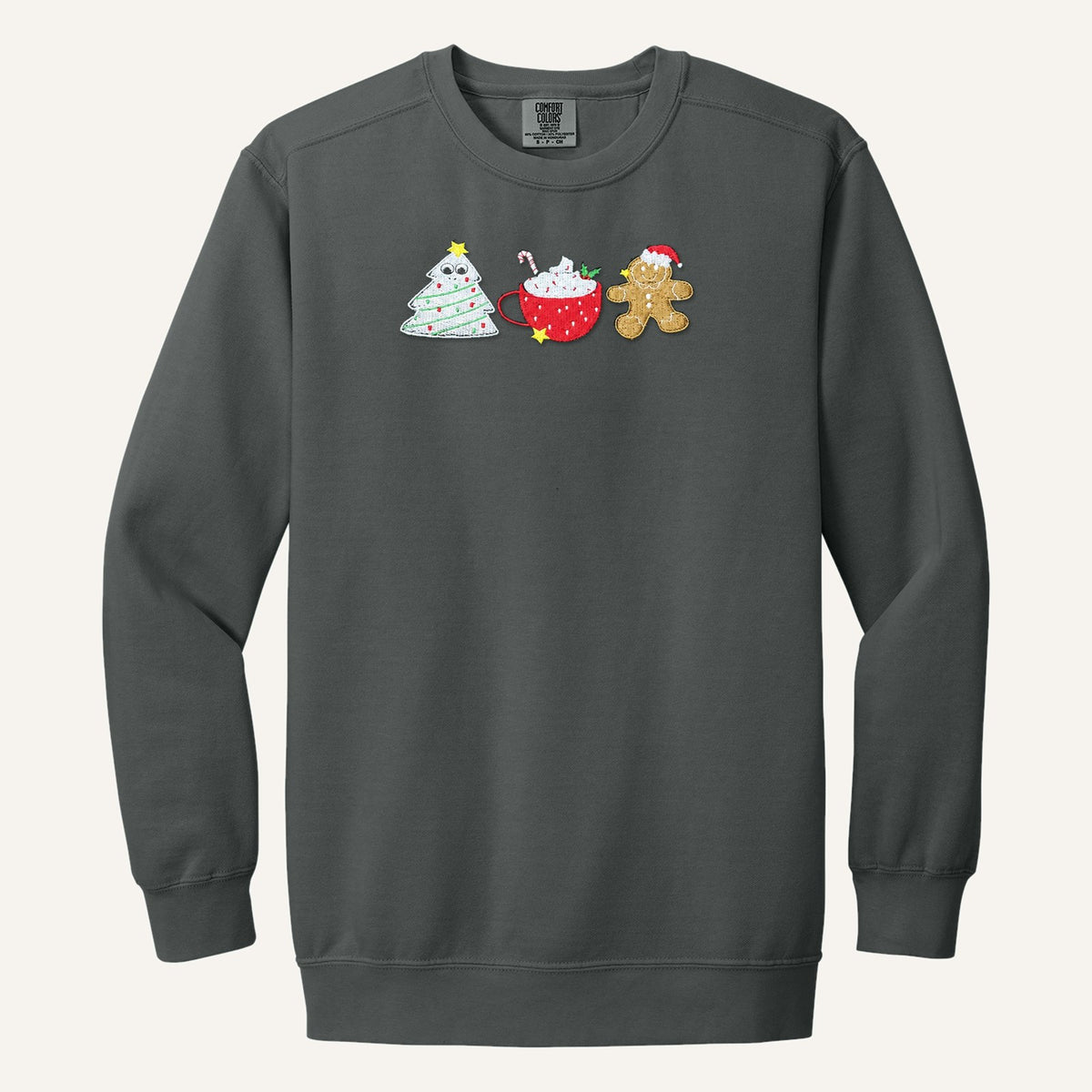 Christmas Treats Embroidered Sweatshirt – Tree Cake, Cocoa & Gingerbread – Comfort Colors Crewneck in Pepper