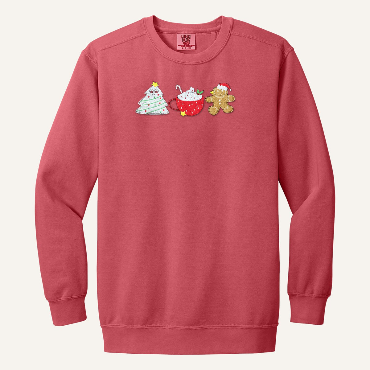 Christmas Treats Embroidered Sweatshirt – Tree Cake, Cocoa & Gingerbread – Comfort Colors Crewneck in Watermelon