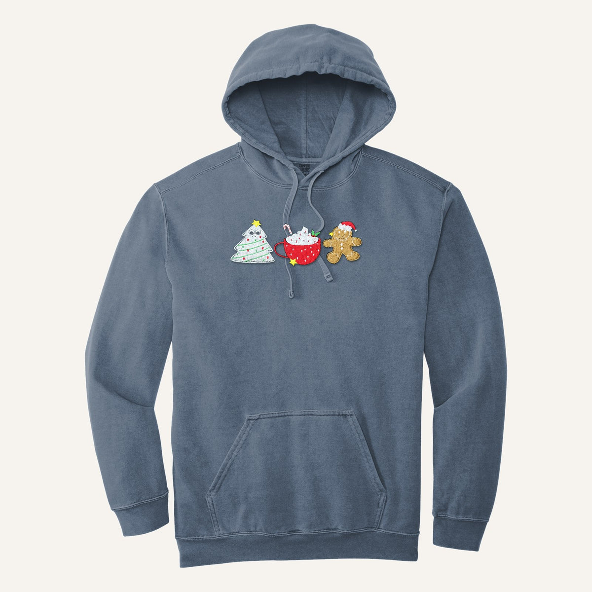 Christmas Treats Embroidered Sweatshirt – Tree Cake, Cocoa & Gingerbread – Comfort Colors Hoodie in Blue Jean