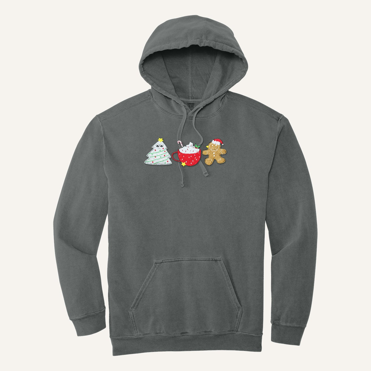 Christmas Treats Embroidered Sweatshirt – Tree Cake, Cocoa & Gingerbread – Comfort Colors Hoodie in Grey