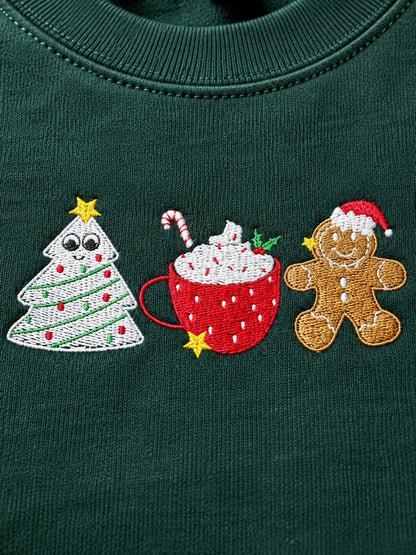 Christmas Treats Embroidered Sweatshirt – Tree Cake, Cocoa & Gingerbread – close-up detail
