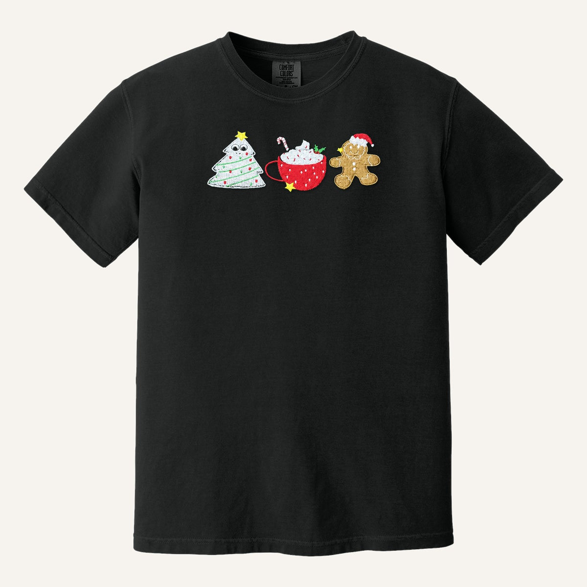 Christmas Treats Embroidered Sweatshirt – Tree Cake, Cocoa & Gingerbread – Comfort Colors Tee in Black