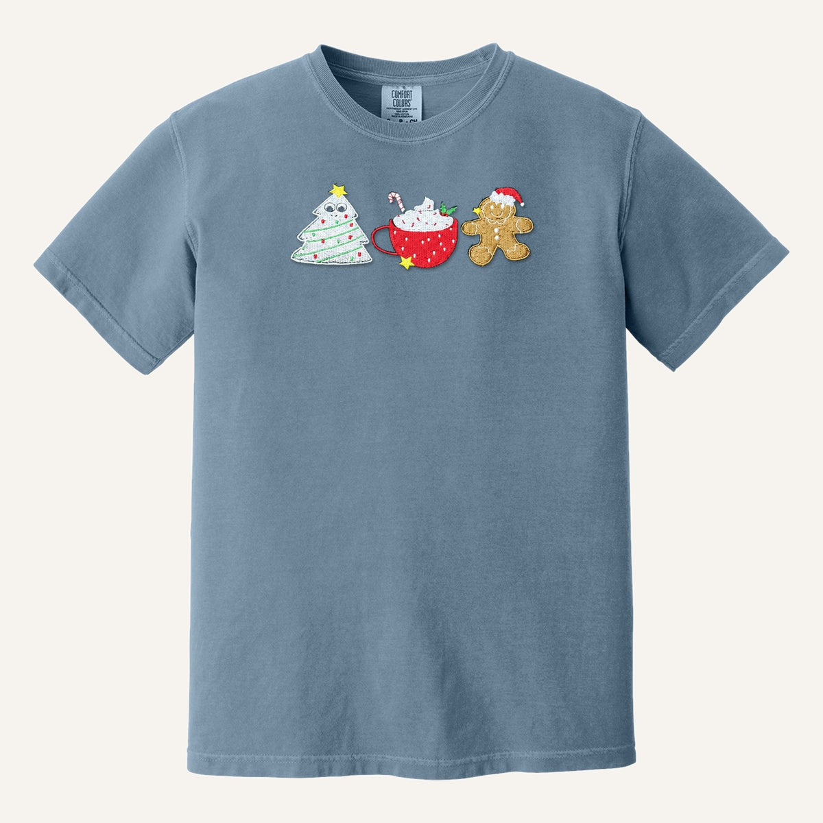 Christmas Treats Embroidered Sweatshirt – Tree Cake, Cocoa & Gingerbread – Comfort Colors Tee in Blue Jean