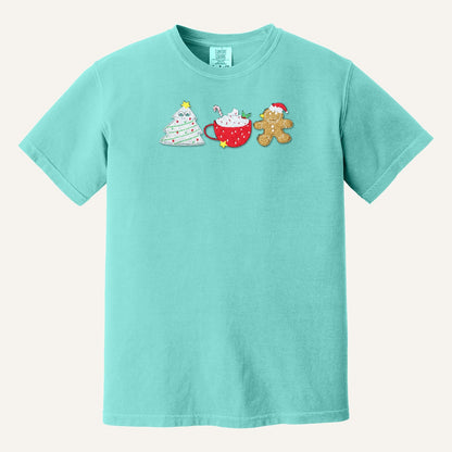 Christmas Treats Embroidered Sweatshirt – Tree Cake, Cocoa & Gingerbread – Comfort Colors Tee in Chalky Mint