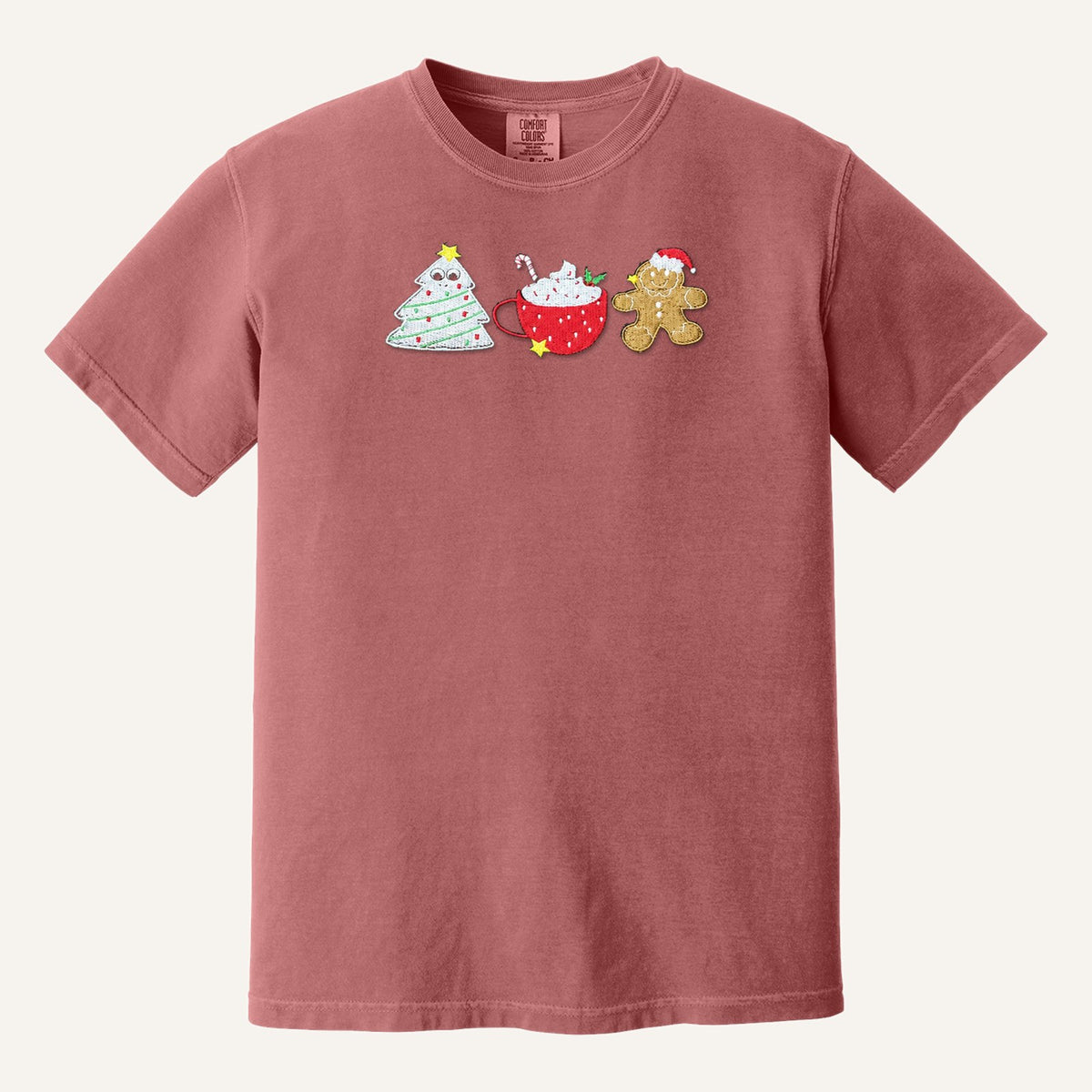 Christmas Treats Embroidered Sweatshirt – Tree Cake, Cocoa & Gingerbread – Comfort Colors Tee in Crimson