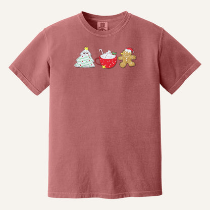 Christmas Treats Embroidered Sweatshirt – Tree Cake, Cocoa & Gingerbread – Comfort Colors Tee in Crimson