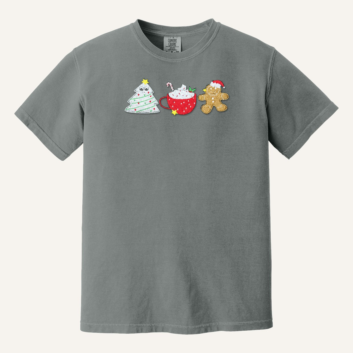 Christmas Treats Embroidered Sweatshirt – Tree Cake, Cocoa & Gingerbread – Comfort Colors Tee in Grey