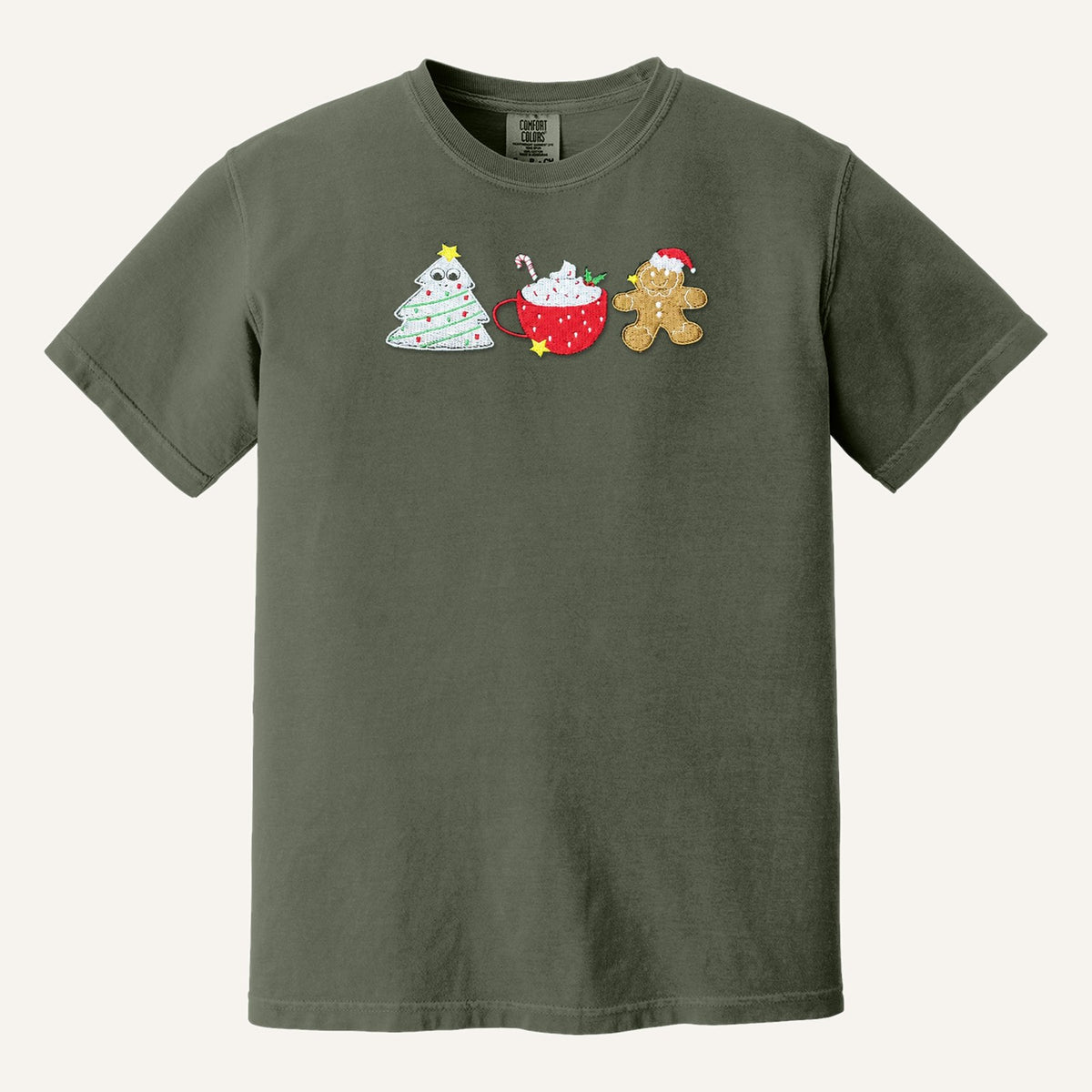 Christmas Treats Embroidered Sweatshirt – Tree Cake, Cocoa & Gingerbread – Comfort Colors Tee in Moss