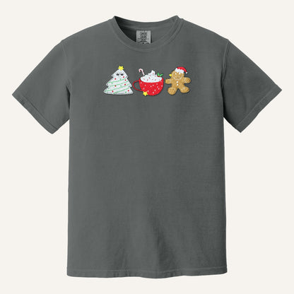 Christmas Treats Embroidered Sweatshirt – Tree Cake, Cocoa & Gingerbread – Comfort Colors Tee in Pepper