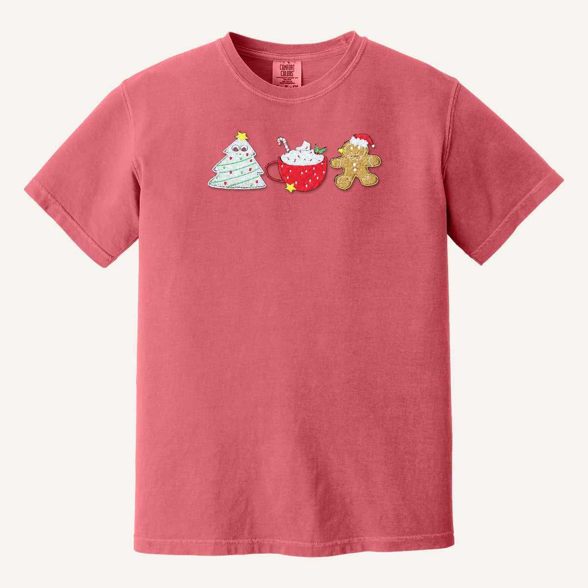 Christmas Treats Embroidered Sweatshirt – Tree Cake, Cocoa & Gingerbread – Comfort Colors Tee in Watermelon