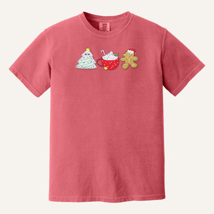 Christmas Treats Embroidered Sweatshirt – Tree Cake, Cocoa & Gingerbread – Comfort Colors Tee in Watermelon