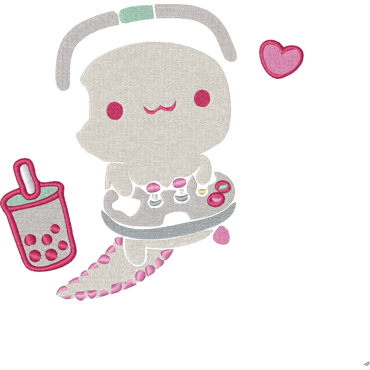 Pink Axolotl with Headphones and Boba machine embroidery stitch preview