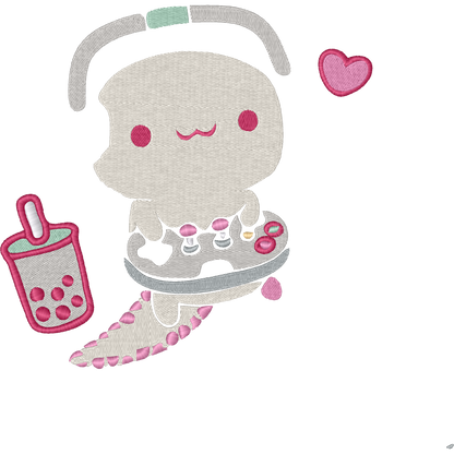 Pink Axolotl with Headphones and Boba machine embroidery stitch preview
