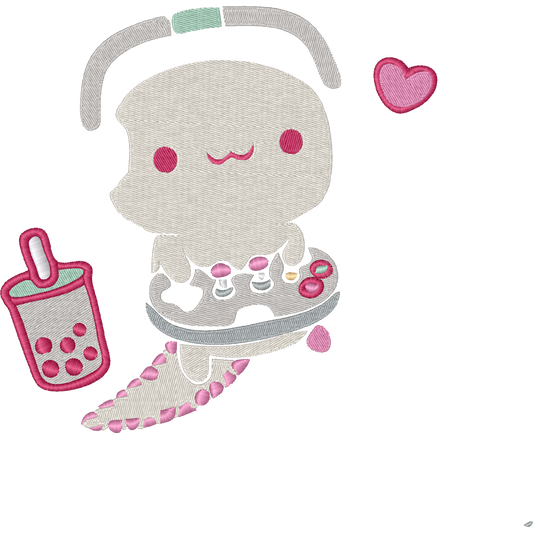 Pink Axolotl with Headphones and Boba machine embroidery stitch preview