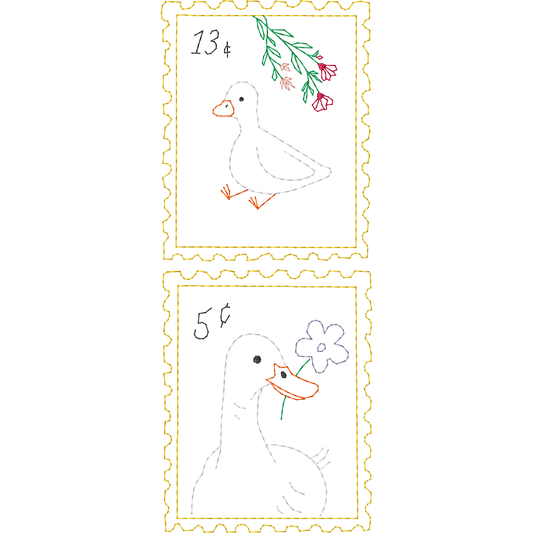 Duck Postage Stamp Bookmark Pair machine embroidery stitch preview