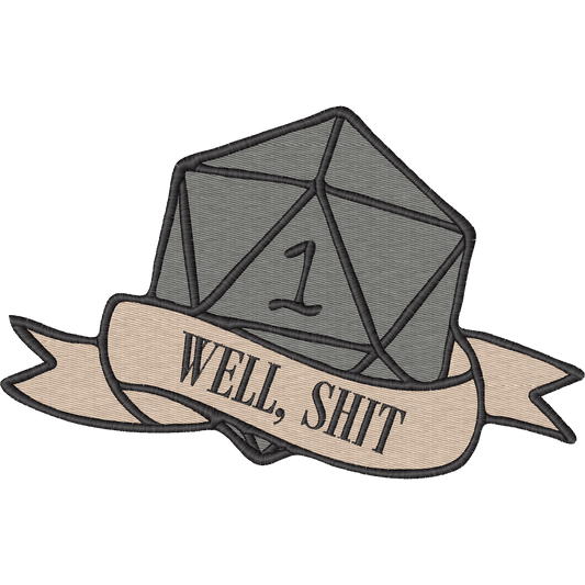 Well Shit D20 Dice machine embroidery stitch preview