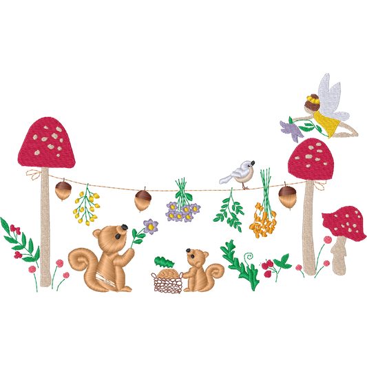 Woodland Animals and Mushrooms machine embroidery stitch preview