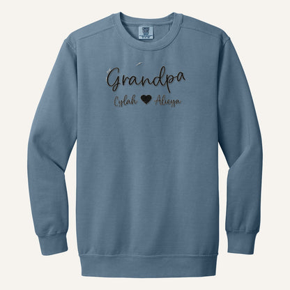 Grandpa Embroidered Hoodie with Grandkids' Names – Comfort Colors Crewneck in Blue Jean