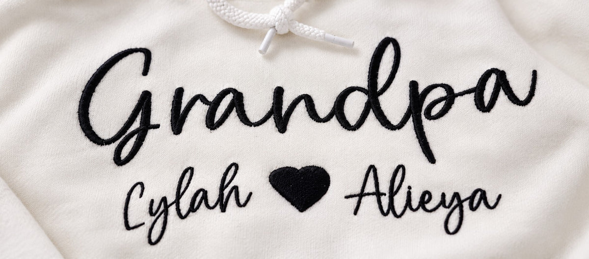 Grandpa Embroidered Hoodie with Grandkids' Names – close-up detail