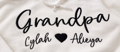 Grandpa Embroidered Hoodie with Grandkids' Names – close-up detail