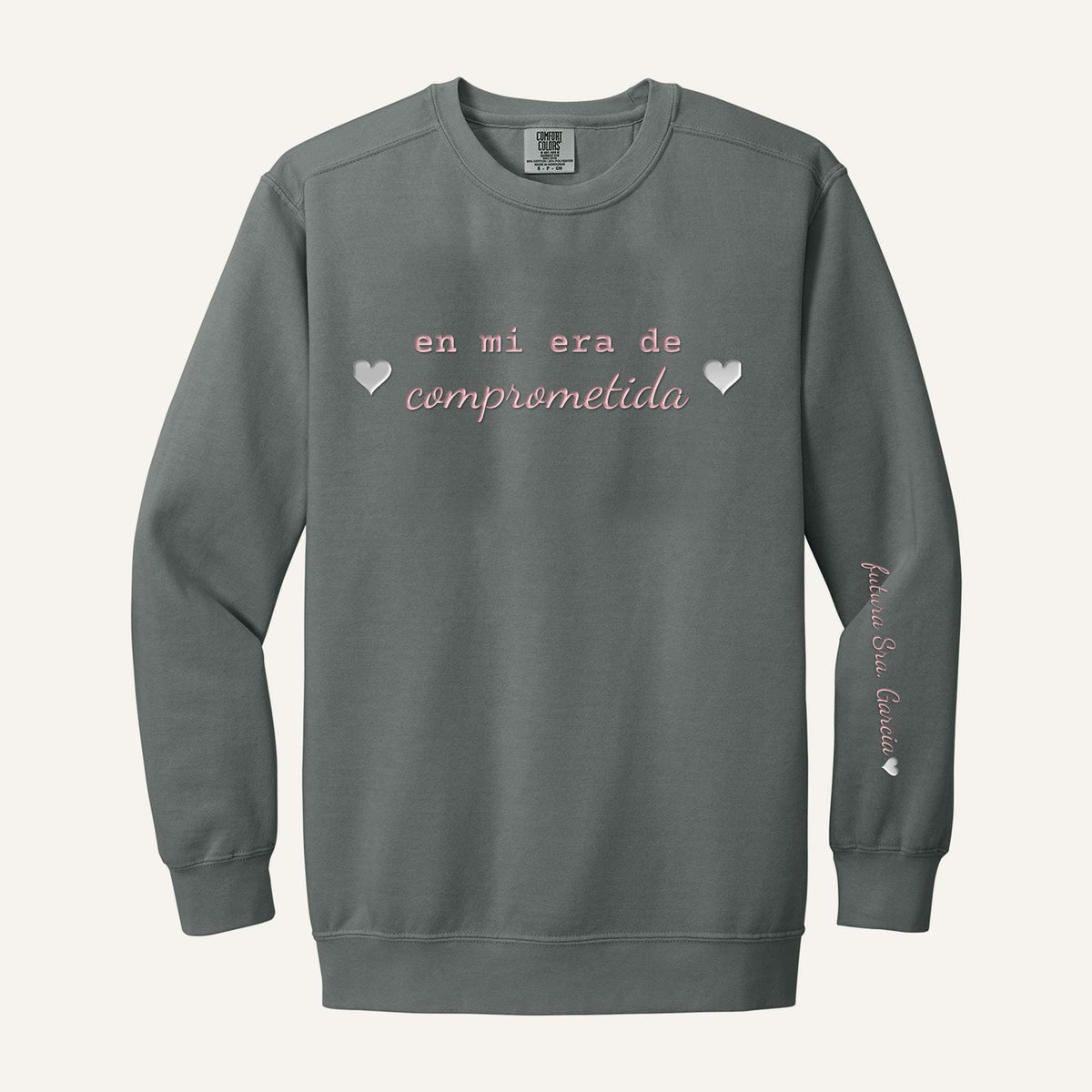 En Mi Era de Comprometida Embroidered Sweatshirt – Comfort Colors Crewneck in Grey