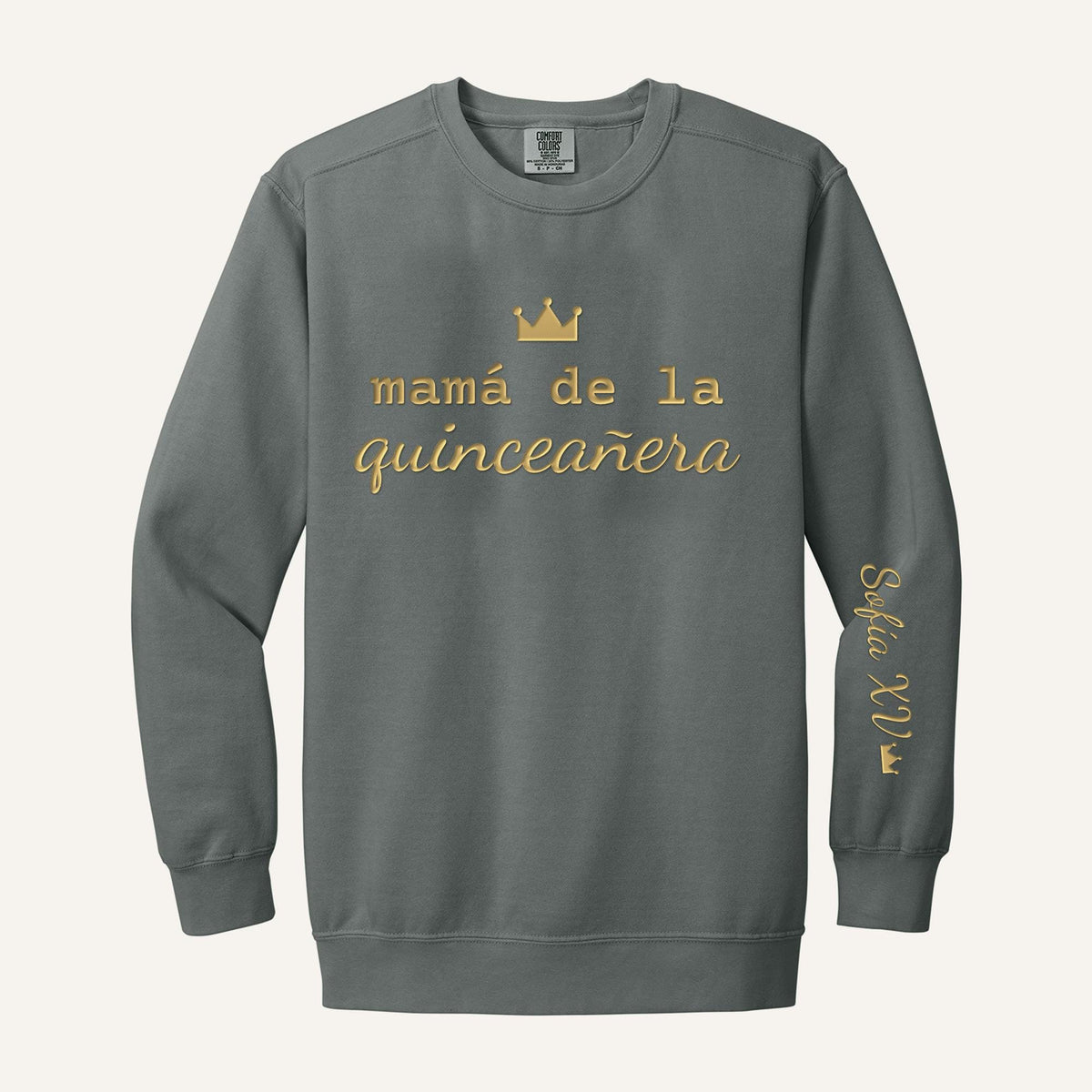 Mamá de la Quinceañera Embroidered Sweatshirt – Comfort Colors Crewneck in Grey