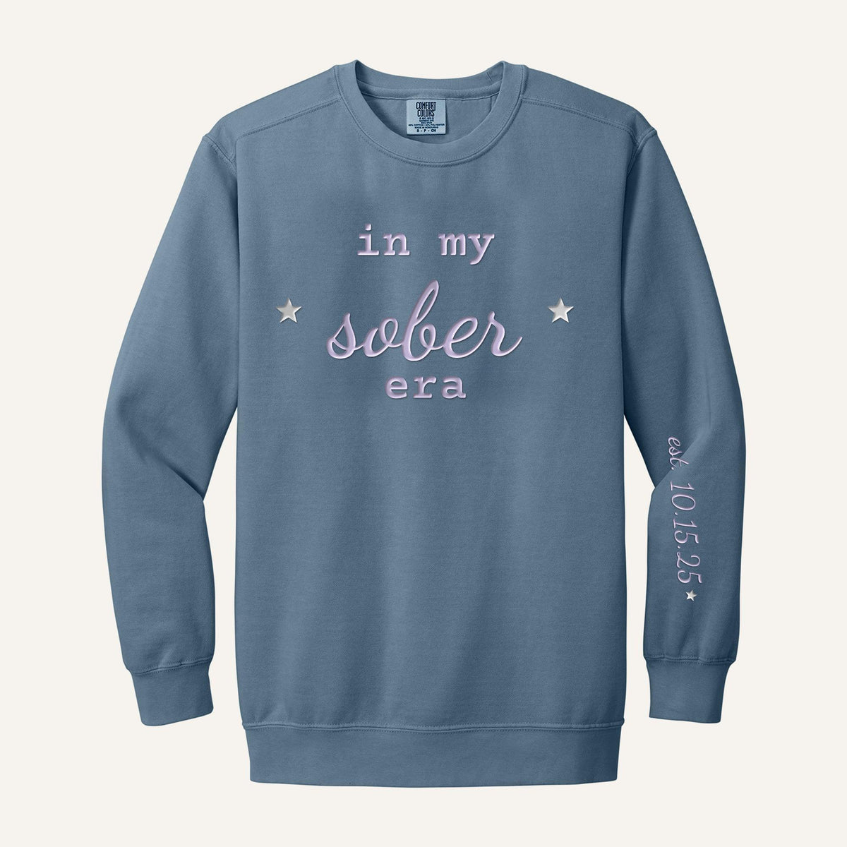 In My Sober Era Embroidered Sweatshirt – Comfort Colors Crewneck in Blue Jean