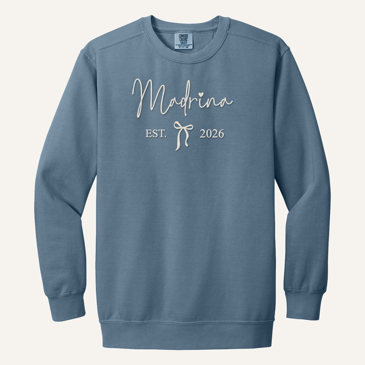 Madrina / Padrino Embroidered Sweatshirt – Est. Year with Bow – Comfort Colors Crewneck in Blue Jean