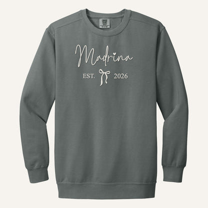 Madrina / Padrino Embroidered Sweatshirt – Est. Year with Bow – Comfort Colors Crewneck in Grey