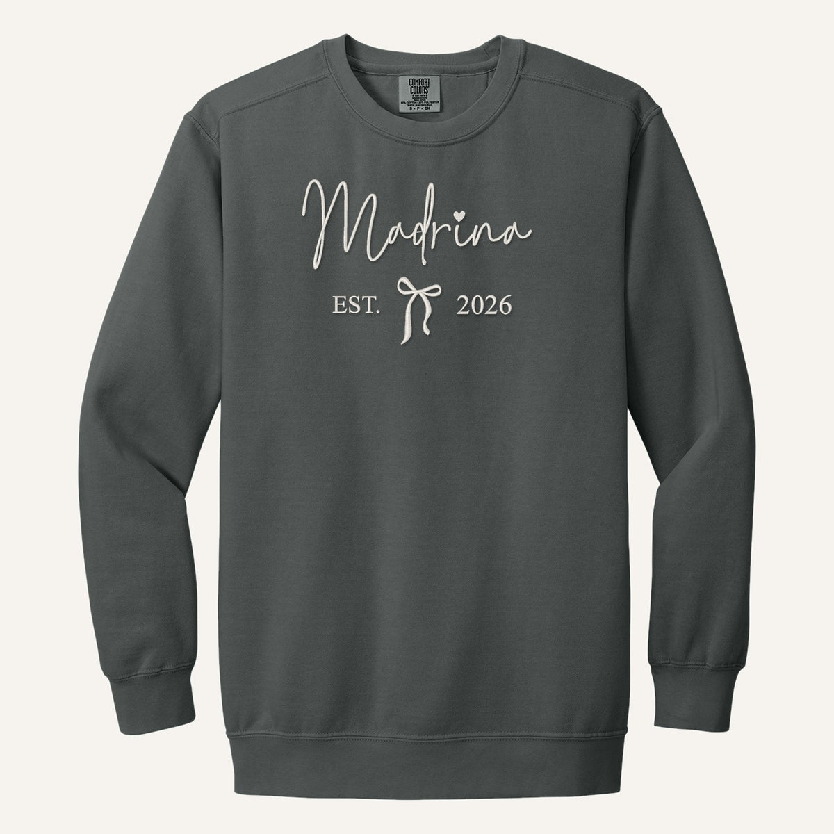 Madrina / Padrino Embroidered Sweatshirt – Est. Year with Bow – Comfort Colors Crewneck in Pepper