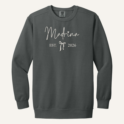 Madrina / Padrino Embroidered Sweatshirt – Est. Year with Bow – Comfort Colors Crewneck in Pepper