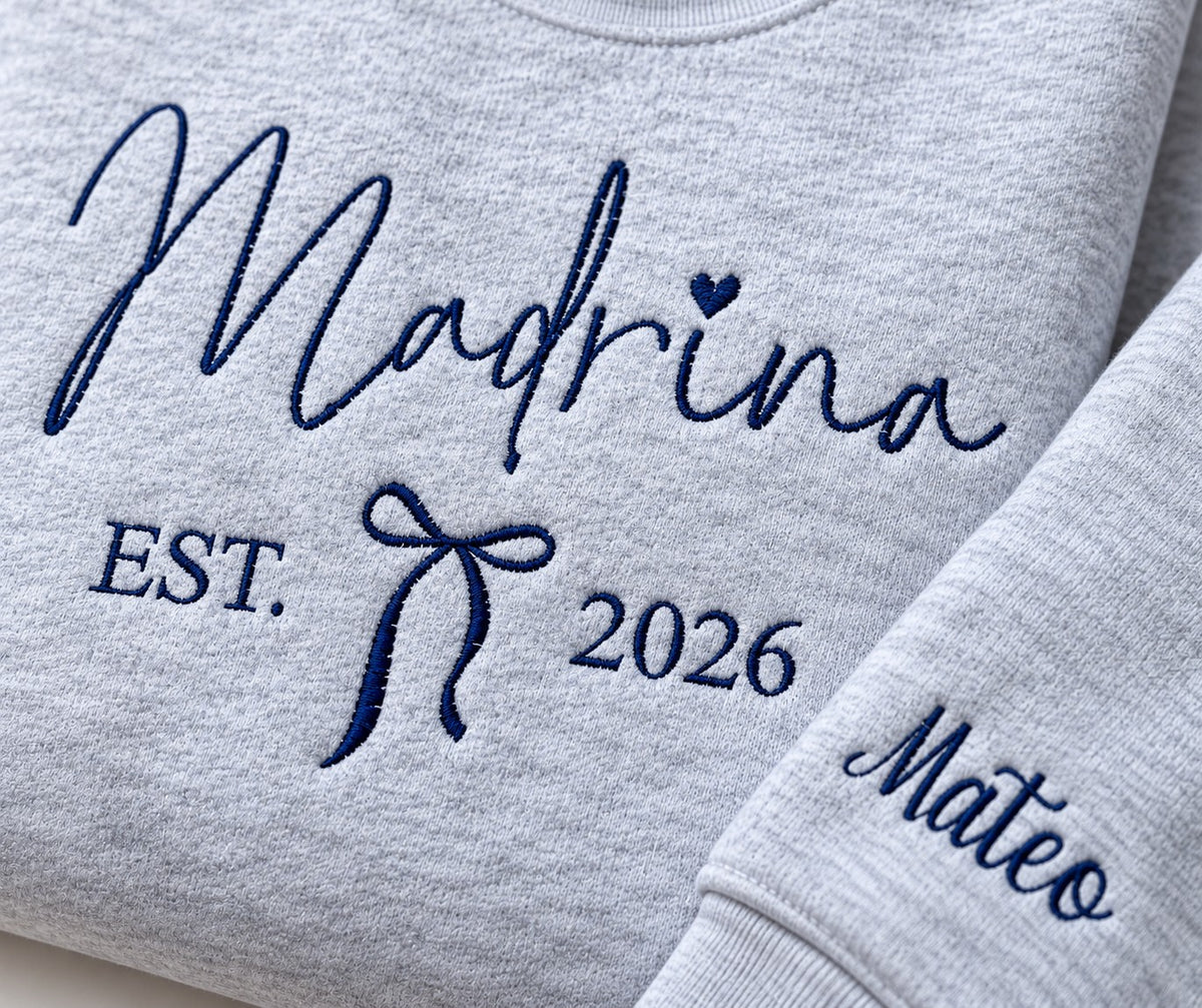 Madrina / Padrino Embroidered Sweatshirt – Est. Year with Bow – close-up detail