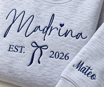 Madrina / Padrino Embroidered Sweatshirt – Est. Year with Bow – close-up detail