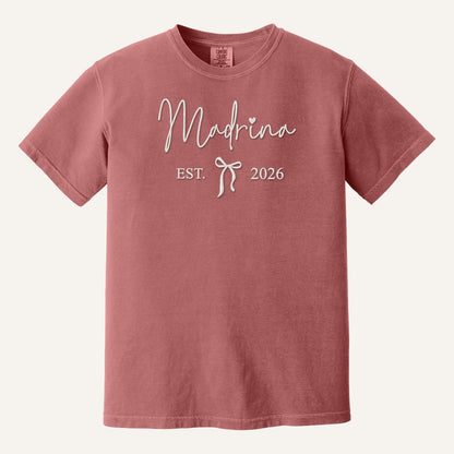 Madrina / Padrino Embroidered Sweatshirt – Est. Year with Bow – Comfort Colors Tee in Crimson