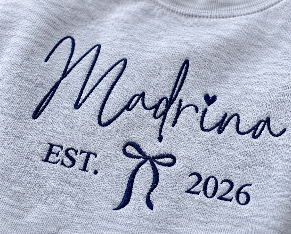 Madrina / Padrino Embroidered Sweatshirt – Est. Year with Bow – close-up detail