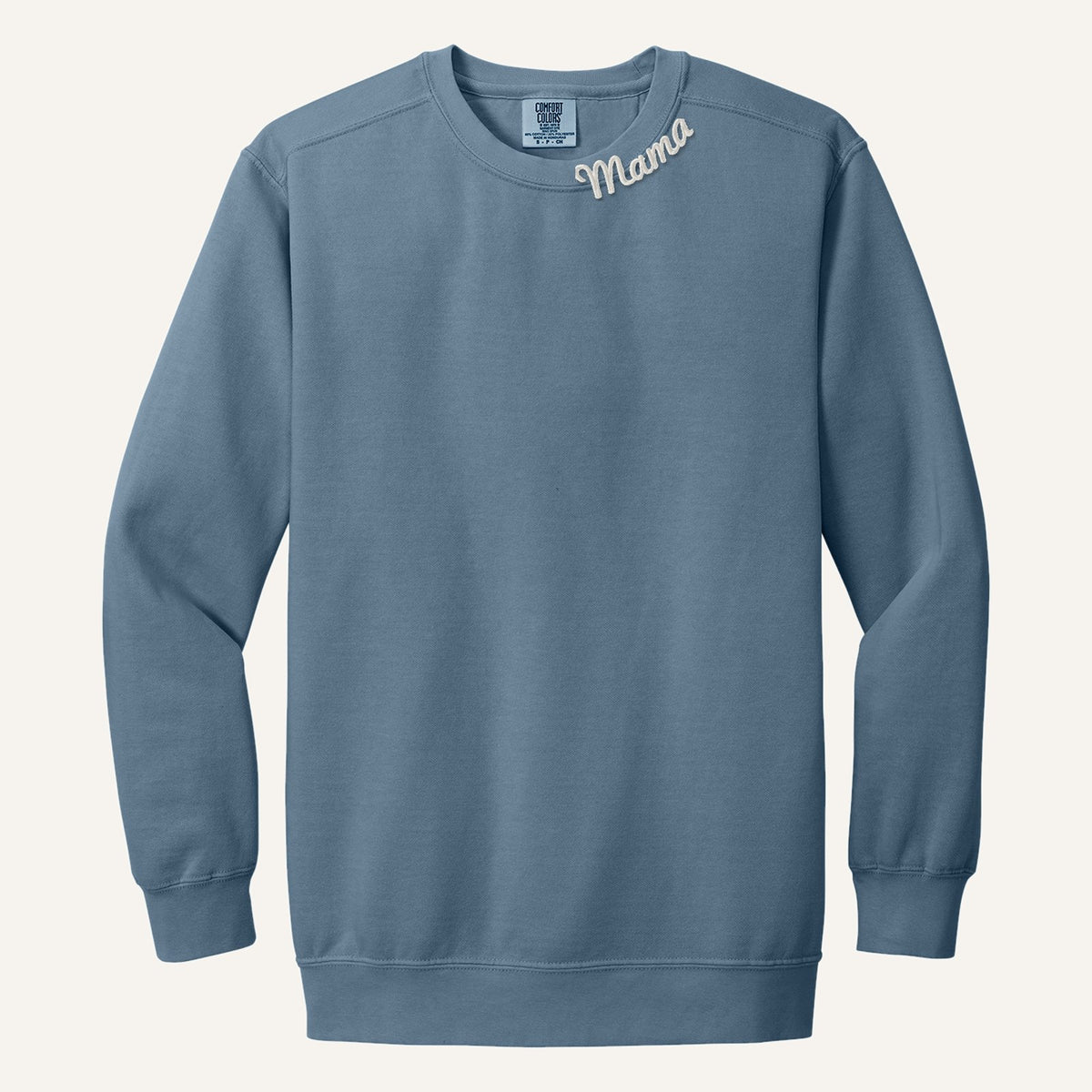 Mama Neckline Embroidered Sweatshirt with Kids' Names on Sleeve – Comfort Colors Crewneck in Blue Jean