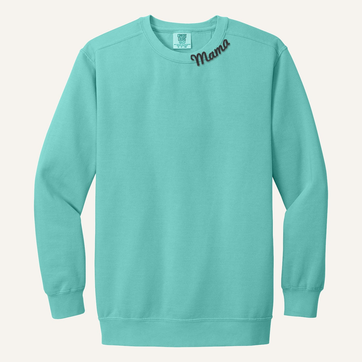 Mama Neckline Embroidered Sweatshirt with Kids' Names on Sleeve – Comfort Colors Crewneck in Chalky Mint