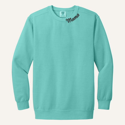 Mama Neckline Embroidered Sweatshirt with Kids' Names on Sleeve – Comfort Colors Crewneck in Chalky Mint