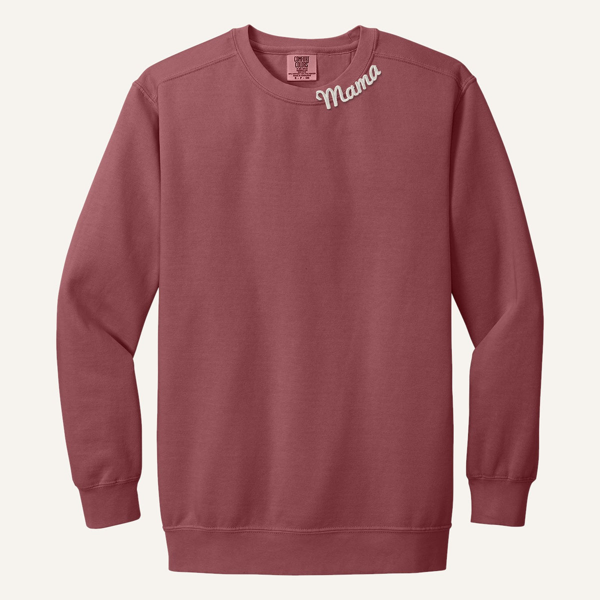 Mama Neckline Embroidered Sweatshirt with Kids' Names on Sleeve – Comfort Colors Crewneck in Crimson