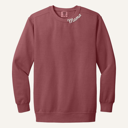 Mama Neckline Embroidered Sweatshirt with Kids' Names on Sleeve – Comfort Colors Crewneck in Crimson