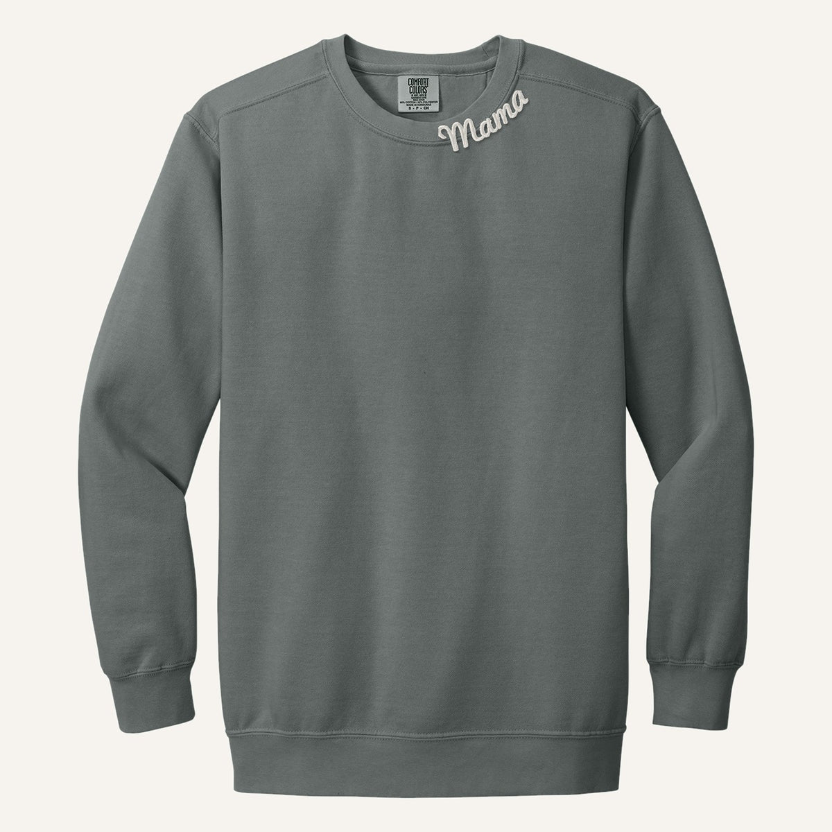 Mama Neckline Embroidered Sweatshirt with Kids' Names on Sleeve – Comfort Colors Crewneck in Grey
