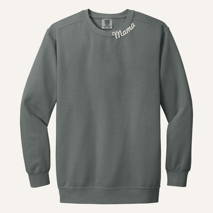 Mama Neckline Embroidered Sweatshirt with Kids' Names on Sleeve – Comfort Colors Crewneck in Grey