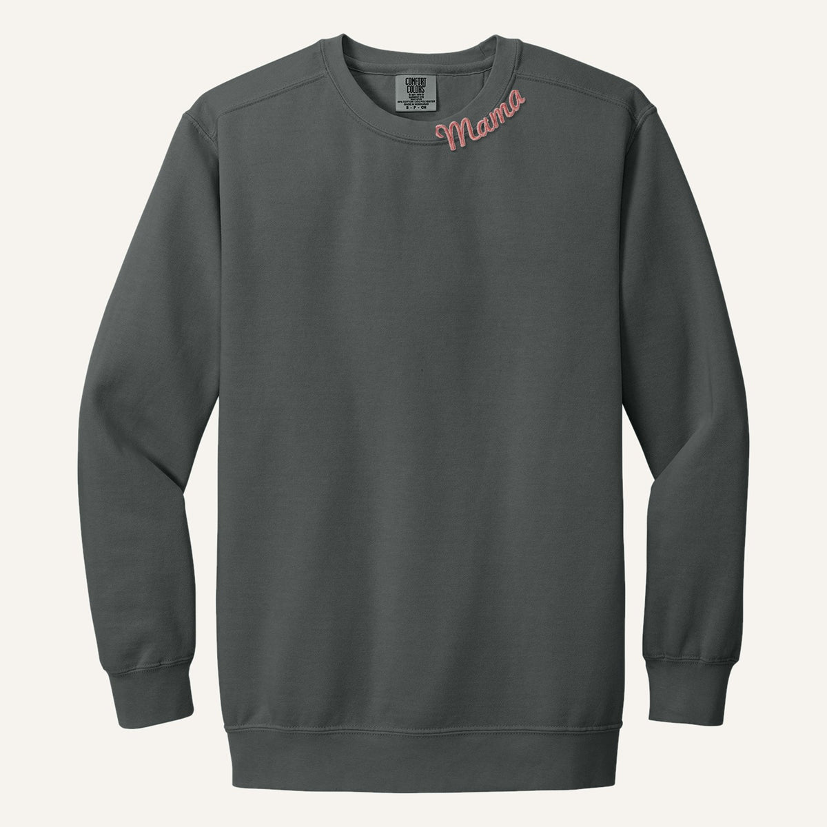 Mama Neckline Embroidered Sweatshirt with Kids' Names on Sleeve – Comfort Colors Crewneck in Pepper