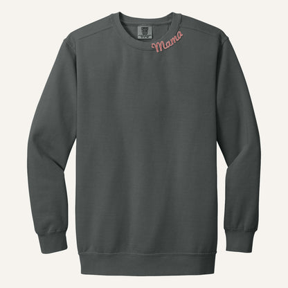 Mama Neckline Embroidered Sweatshirt with Kids' Names on Sleeve – Comfort Colors Crewneck in Pepper