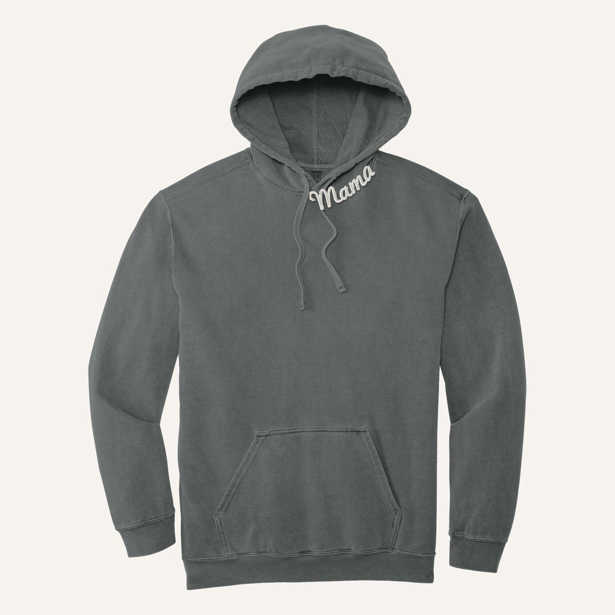 Mama Neckline Embroidered Sweatshirt with Kids' Names on Sleeve – Comfort Colors Hoodie in Grey